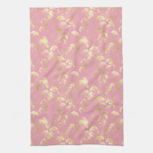 Paño De Cocina Hojas doradas de Ginkgo en patrón botánico de rosa