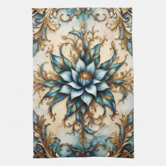 Paño De Cocina Hojas doradas y florales azules coloridos