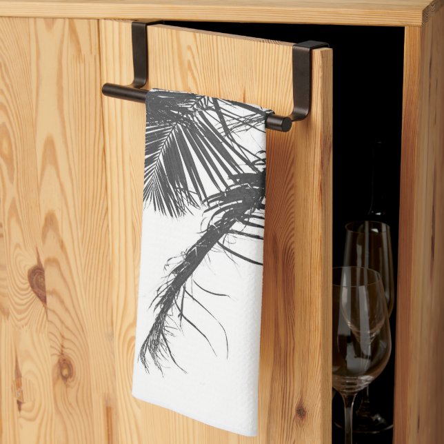 Paño De Cocina Hojas Monocromáticas de Palm Tree Blanco Negro (Pliegue de tercios)