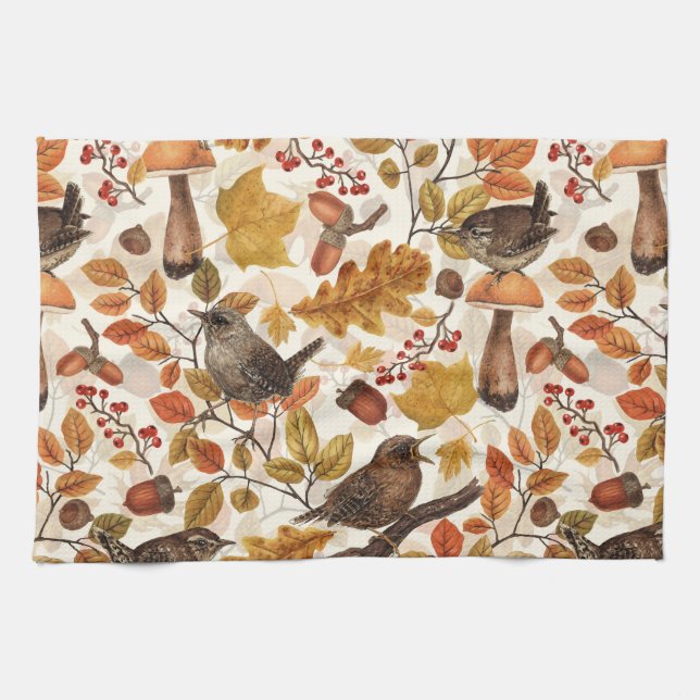 Paño De Cocina Hojas otoñales, bayas, setas y venas (Horizontal)