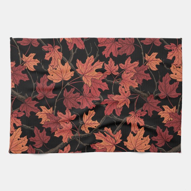 Paño De Cocina Hojas rojas de arce de otoño sobre negro (Horizontal)