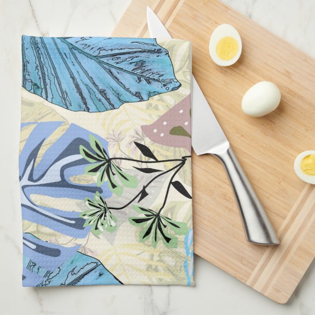 Paño De Cocina Hojas tropicales azules y violetas. (Doblado Cuarto)