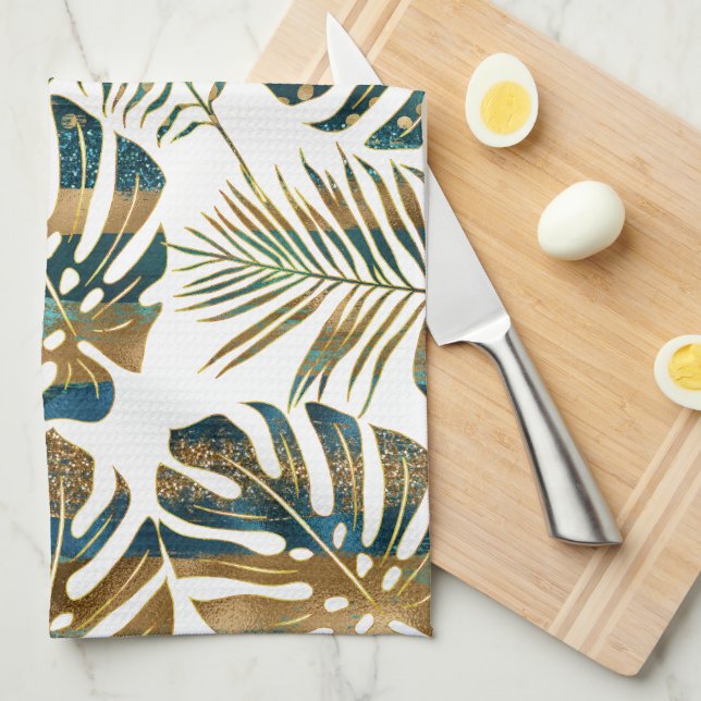 Paño De Cocina Hojas tropicales con estampado verde azulado y dor (Doblado Cuarto)
