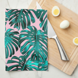Paño De Cocina Hojas tropicales de palma turquesa rosada