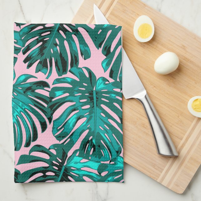 Paño De Cocina Hojas tropicales de palma turquesa rosada (Doblado Cuarto)