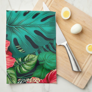 Paño De Cocina Hojas Tropicales Elegantes y Flores de Hibisco  