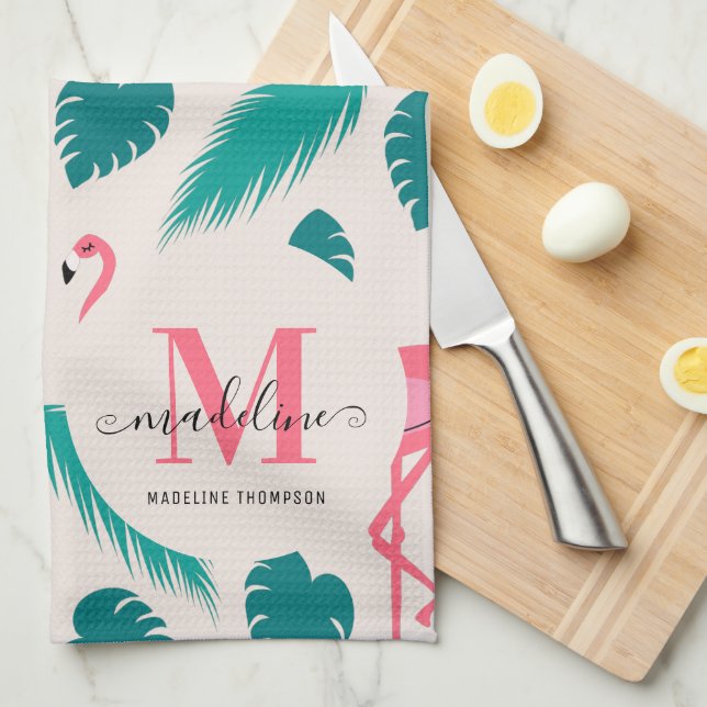 Paño De Cocina Hojas tropicales Flamingo rosa caliente Monograma  (Doblado Cuarto)