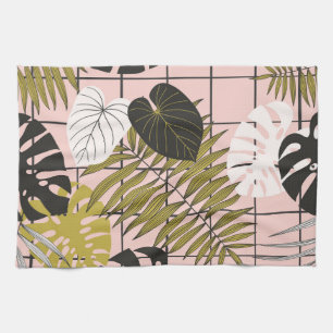 Paño De Cocina Hojas tropicales, flores, patrón pintado a mano.