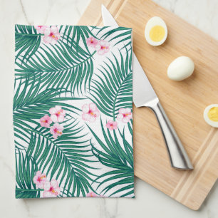 Paño De Cocina Hojas tropicales verdes con flores de hibiscus