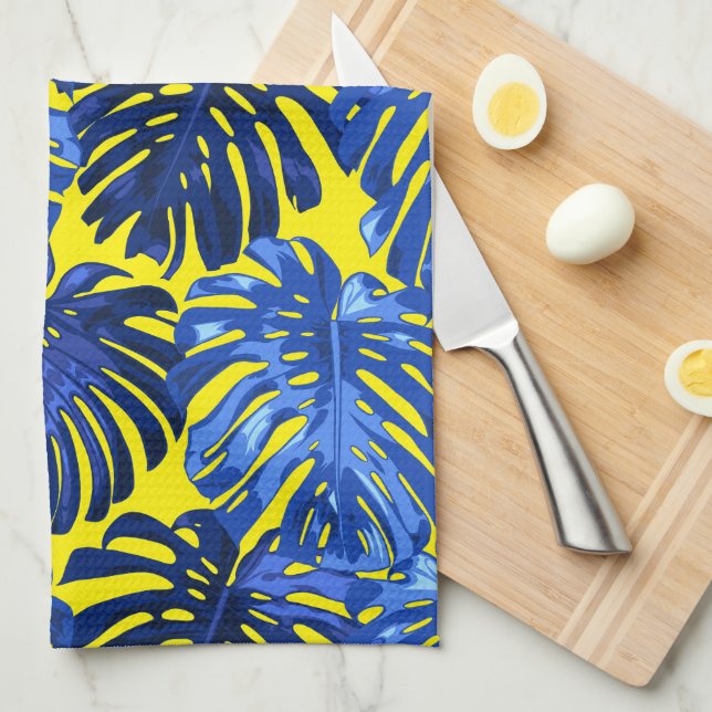 Paño De Cocina Hojas tropicales vibrantes de la isla amarilla azu (Doblado Cuarto)