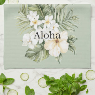 Paño De Cocina Hojas Verdes Tropicales Orquídeas de Hibisco Blanc