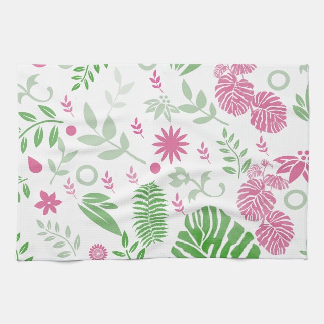 Paño De Cocina Hojas y flores verdes y rosadas (Horizontal)