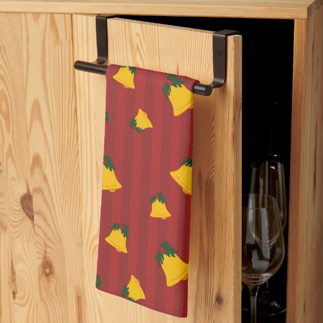 Paño De Cocina Holiday Red Gold Stripe Bells Christmas (Pliegue de tercios)