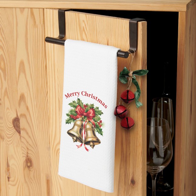 Paño De Cocina Holly Leaves y Berries Gold Bells Feliz Navidad (Subido por el creador)