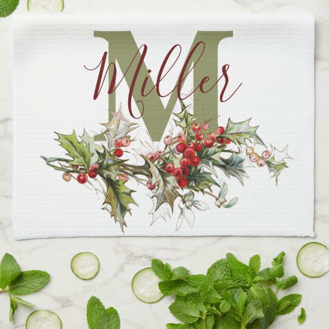 Paño De Cocina Holly y bayas personalizadas (Doblado)