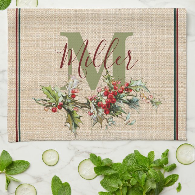Paño De Cocina Holly y berries linen parecen personalizados (Doblado)