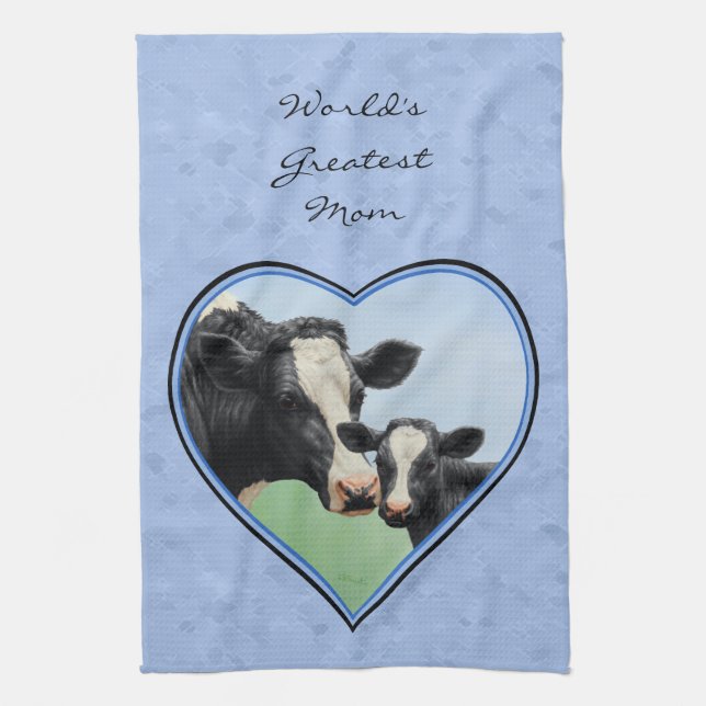 Paño De Cocina Holstein Cow y Corte Calf Blue Heart (Vertical)