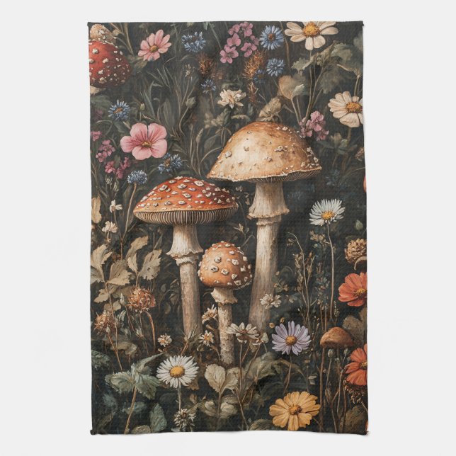 Paño De Cocina Hongos caprichosos y flores silvestres botánico (Vertical)