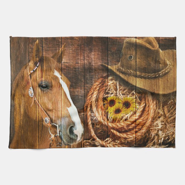 Paño De Cocina Horse Cowboy Gorra Lasso Sunflower Rusn Barn Board (Horizontal)