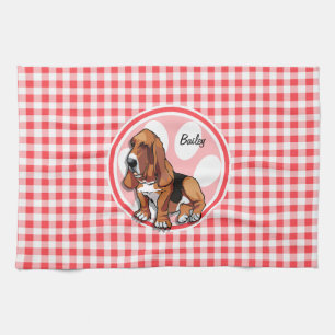 Paño De Cocina Hound Basset; Gingham rojo y blanco
