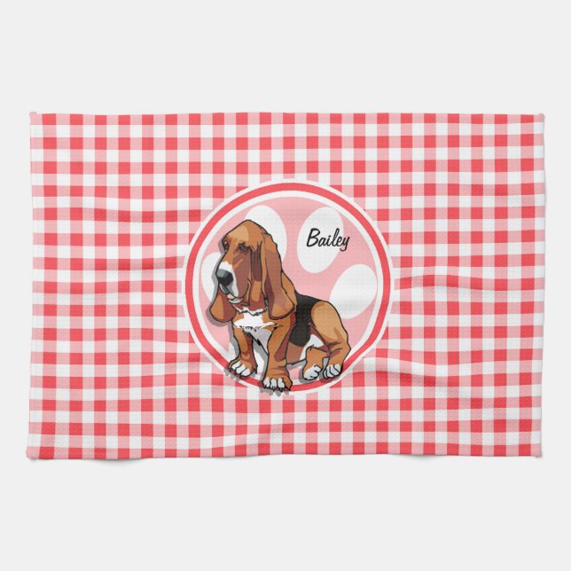 Paño De Cocina Hound Basset; Gingham rojo y blanco (Horizontal)