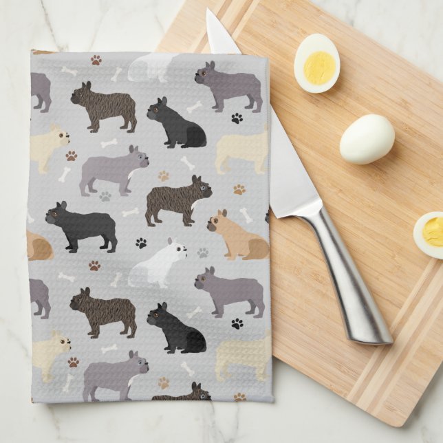 Paño De Cocina Huesos y patas de Bulldog franceses grises (Doblado Cuarto)