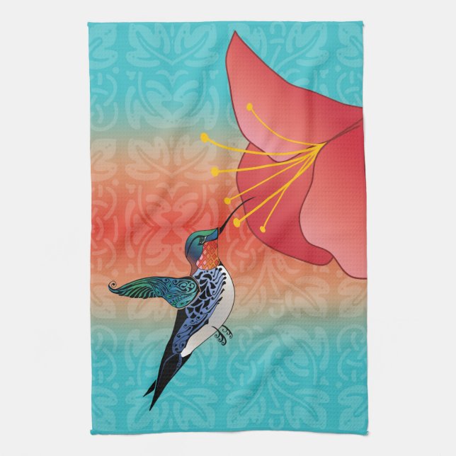 Paño De Cocina Hummingbird de tatuaje y ormbre de flores rojas (Vertical)