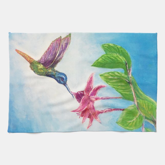 Paño De Cocina Hummingbird, fuschia, flores, (Horizontal)