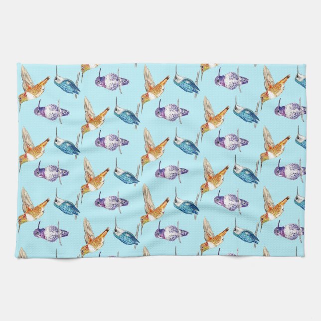 Paño De Cocina Hummingbird Trio con fondo de Aqua (Horizontal)