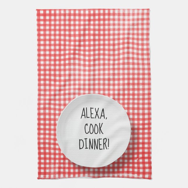Paño De Cocina Humor de Alexa Command sobre gingham roja (Vertical)