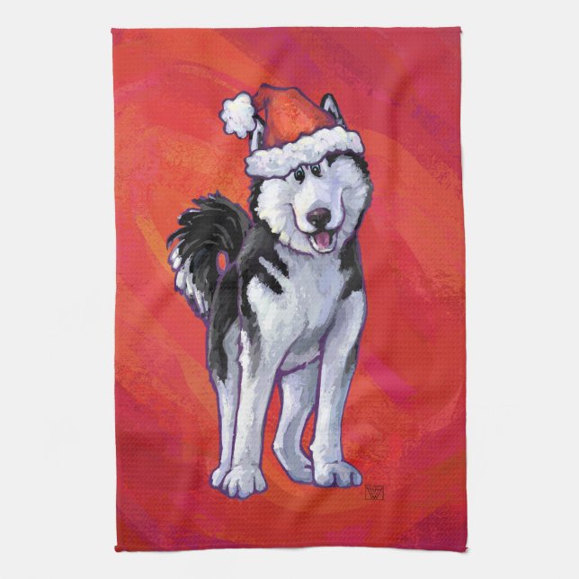 Paño De Cocina Husky en Santa Hat en rojo (Vertical)