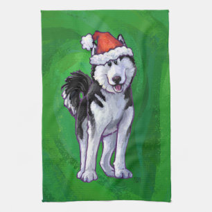 Paño De Cocina Husky festivo en Santa Hat en Green