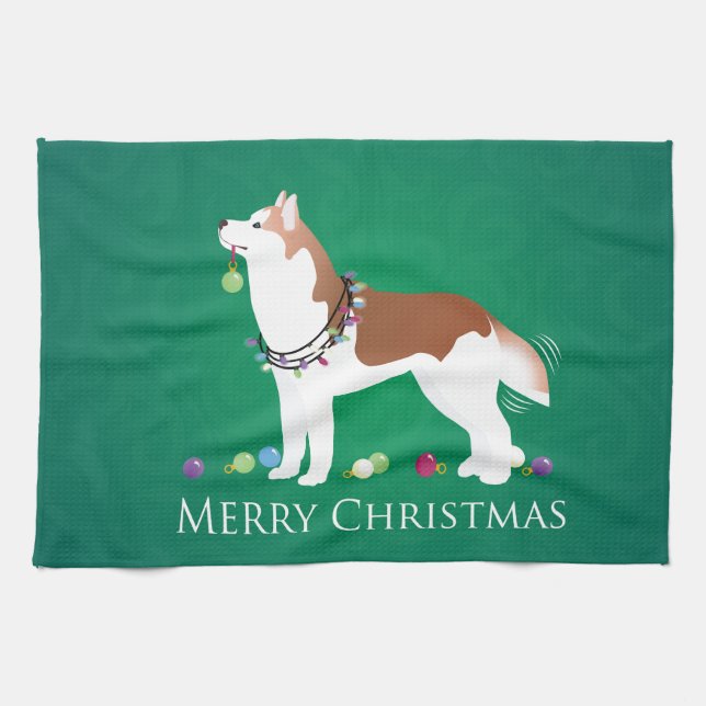 Paño De Cocina Husky Siberiano - Rojo - Feliz diseño navideño (Horizontal)