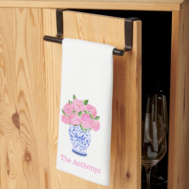 Paño De Cocina Hydrangea Rosa Acuarela Chinesca Personalizada (Pliegue de tercios)