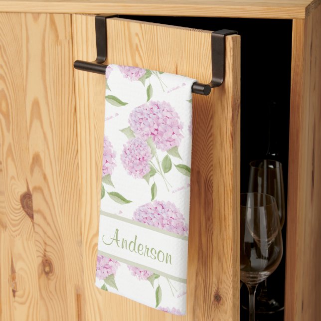 Paño De Cocina Hydrangea Rosa Acuarela Con Borde De Texto (Pliegue de tercios)