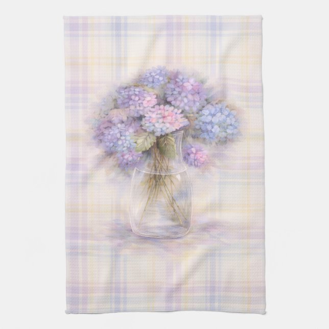 Paño De Cocina Hydrangea Tea Towel | Pastel Plaid Kitchen Decor (Vertical)