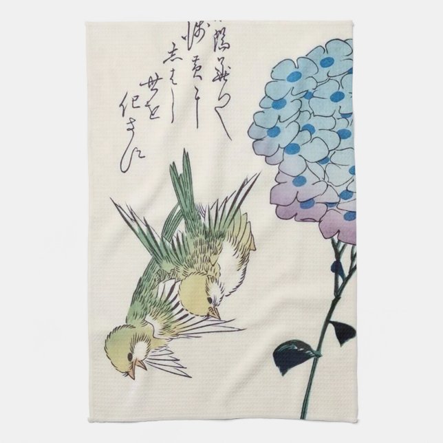 Paño De Cocina Hydrangea y verderones, Hiroshige, Ukiyo-e (Vertical)