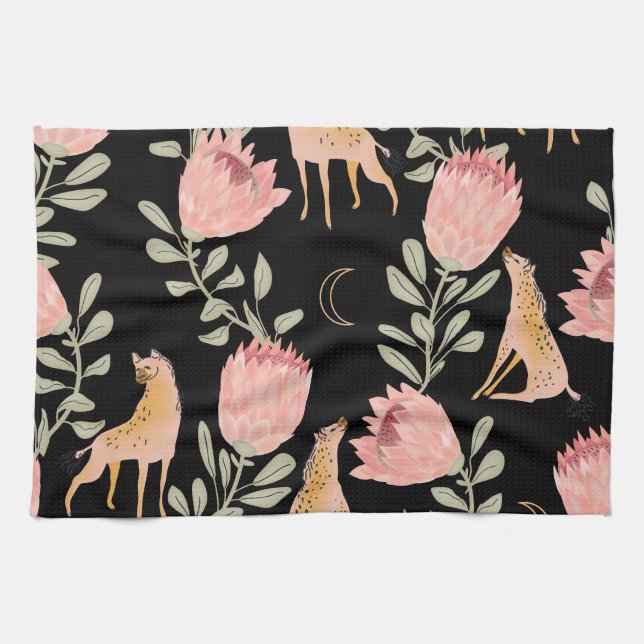 Paño De Cocina Hyena y Protea: Patrón de cosecha oscura (Horizontal)