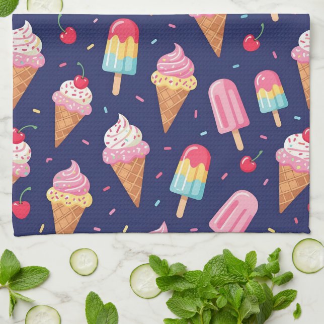 Paño De Cocina Ice cream, popsicles and cherries pattern (Doblado)