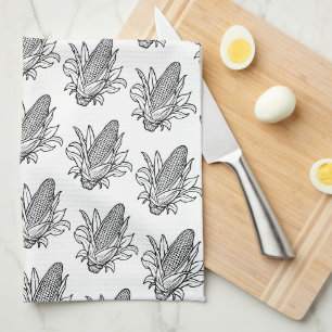 Paño De Cocina Icono de mazorca de maíz en blanco y negro con hoj