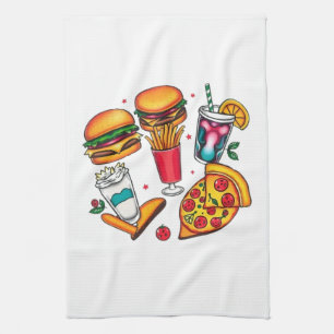 Paño De Cocina Iconos de comida retro - hamburguesas, fritas, bat
