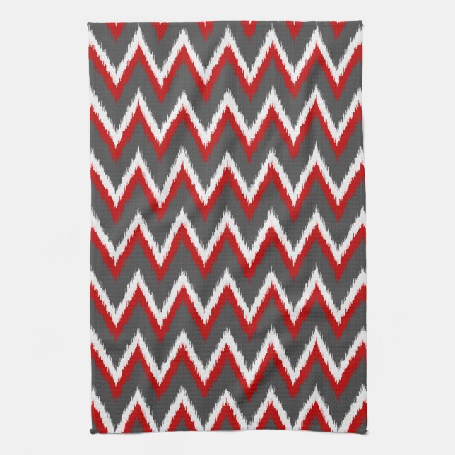 Paño De Cocina Ikat Chevron Stripes - Rojo, Blanco y Gris / Gris (Vertical)