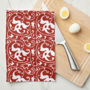 Paño De Cocina Ikat Floral Damask - Blanco y rojo oscuro