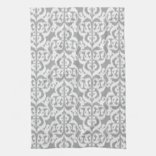 Paño De Cocina Ikat Moorish Damask - gris plateado y blanco