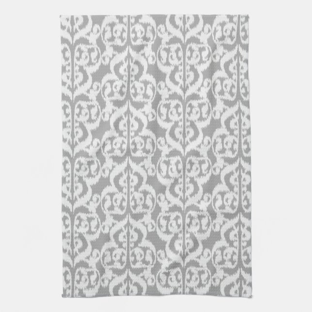 Paño De Cocina Ikat Moorish Damask - gris plateado y blanco (Vertical)