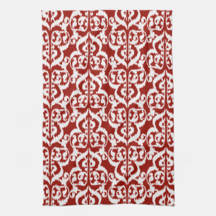 Paño De Cocina Ikat Moorish Damask - rojo oscuro y blanco