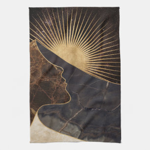 Paño De Cocina Ilusión de mujer dorada con texturas de sol y márm