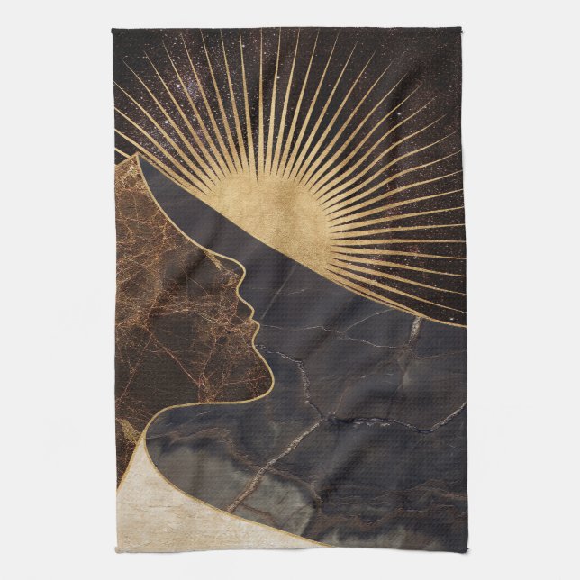 Paño De Cocina Ilusión de mujer dorada con texturas de sol y márm (Vertical)