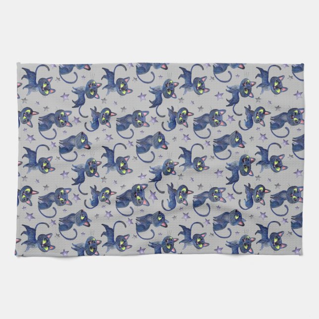 Paño De Cocina Ilustracion acuarela de Halloween con gatos negros (Horizontal)