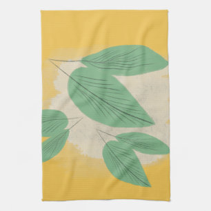 Paño De Cocina Ilustración Amarilla de Hojas Abstractas Verdes